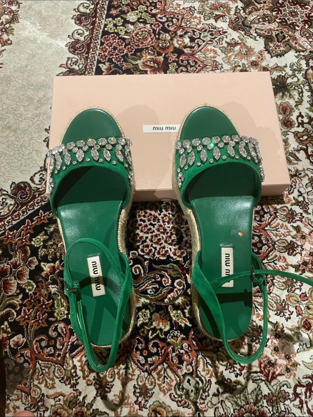 Miu Miu Green Jewel-Strap Women’s Sandals